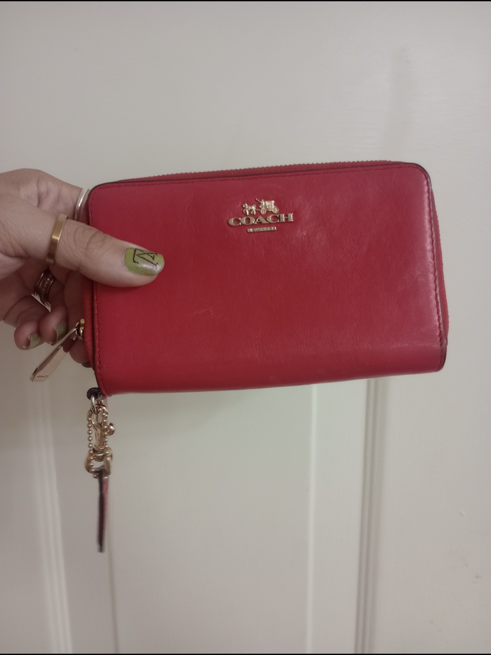 Coach Rich Brick Red Zip-Around Leather Wallet with Gold Hardware